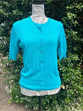 2/28 Ann Taylor Turquoise Button-Front Short Sleeve Cardigan S